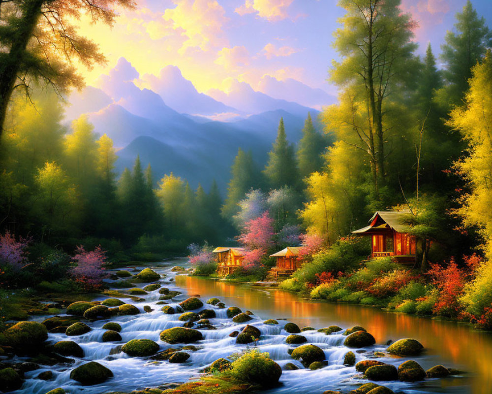 Tranquil landscape with river, colorful trees, cabins, mountains, and sunset