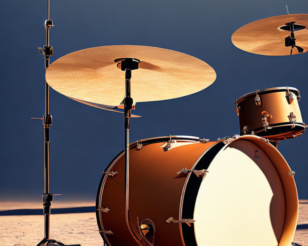 Drum Set with Bass Drum, Toms, and Cymbals under Blue Sky