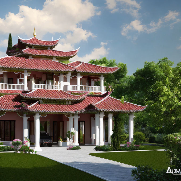 Traditional Asian-style building with red tile roof in landscaped garden