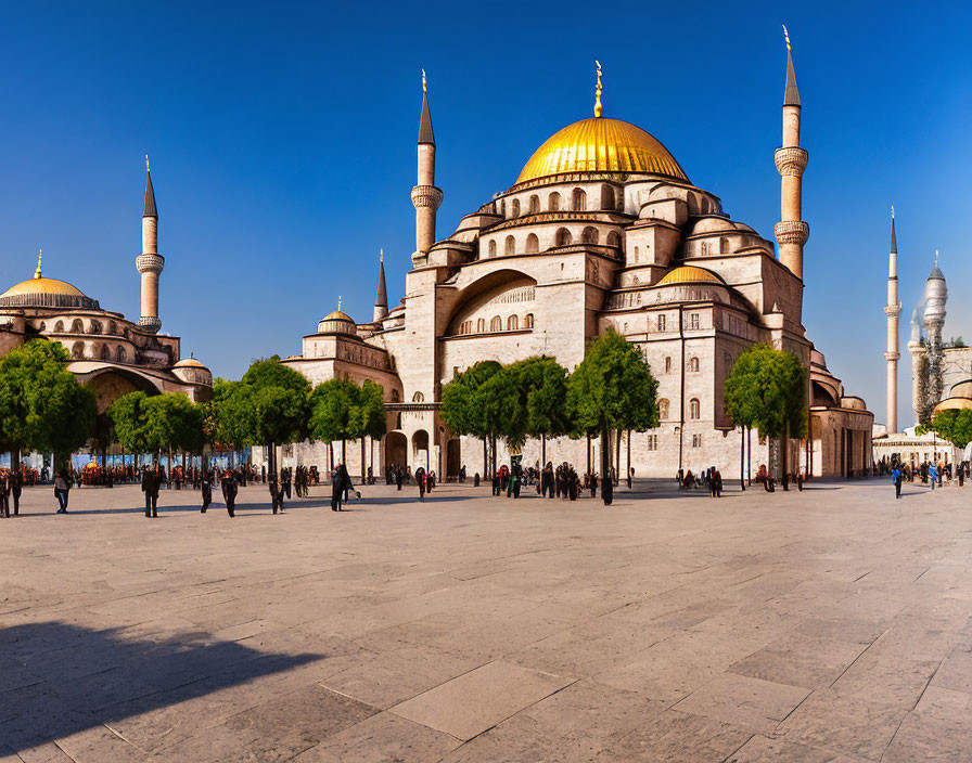 Historic mosque with large dome and minarets in courtyard.