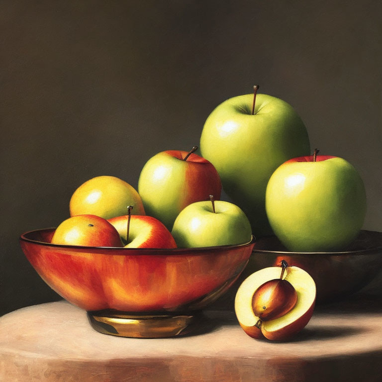 Classic Still Life Painting: Bowl of Red and Green Apples on Table