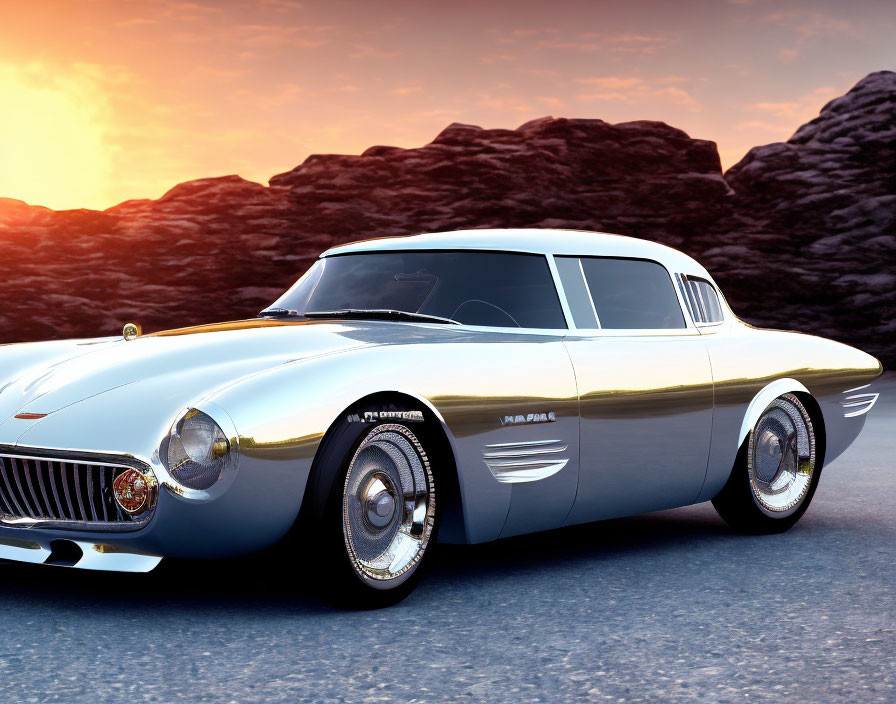 Vintage Silver Sports Car on Rocky Road at Sunset