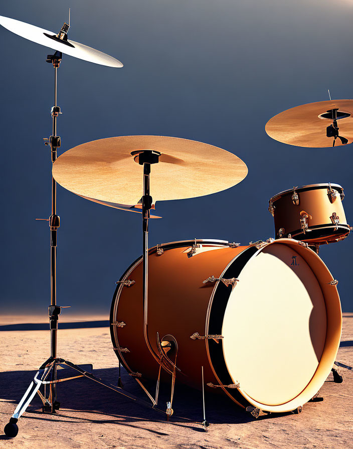 Drum Set with Bass Drum, Toms, and Cymbals under Blue Sky