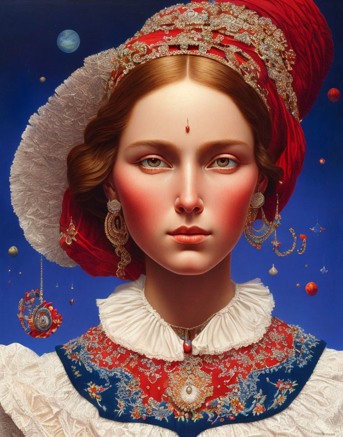 Symmetrical woman portrait in red headpiece and celestial background