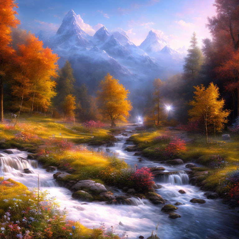 Tranquil autumn scenery with brook, waterfalls, mountains