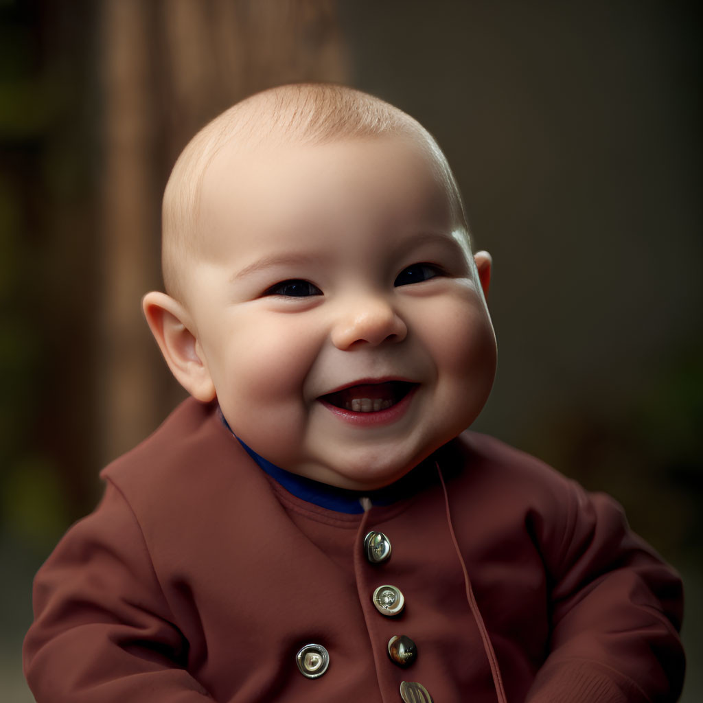 Smiling baby in maroon jacket against nature backdrop