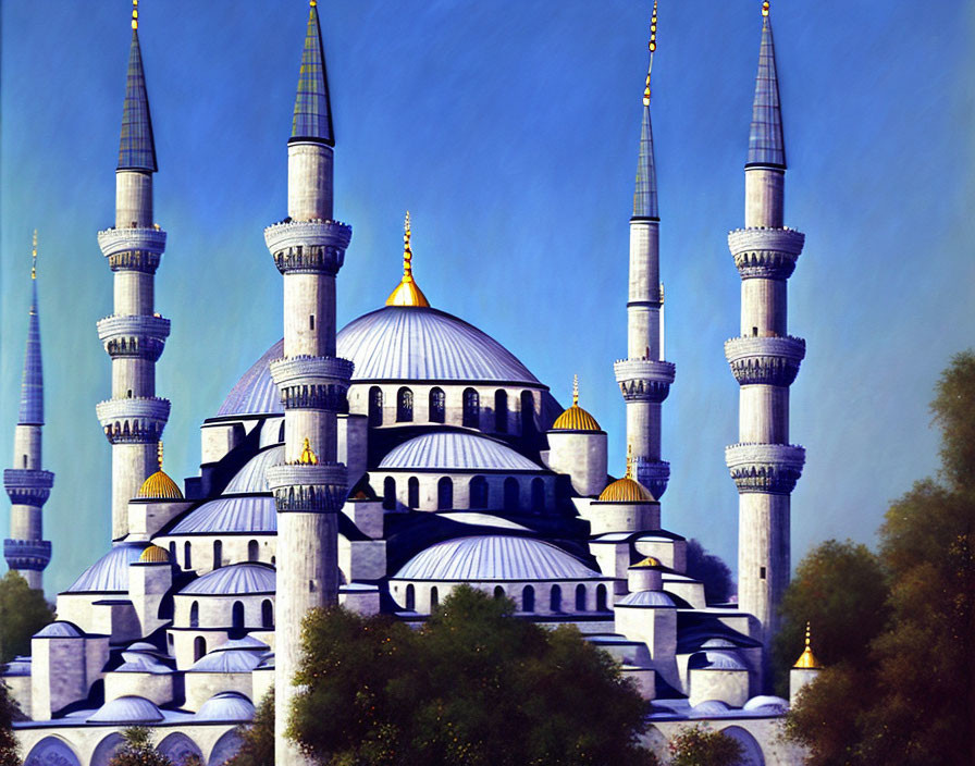 Mosque with Multiple Minarets and Domes against Blue Sky