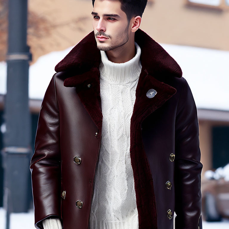 Fashionable Man in Winter Outfit with White Sweater and Brown Leather Coat