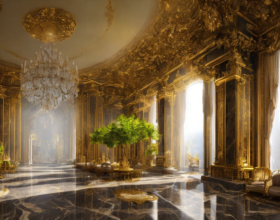 Luxurious room with golden detailing, marble floors, grand chandelier, sunlight, and greenery.