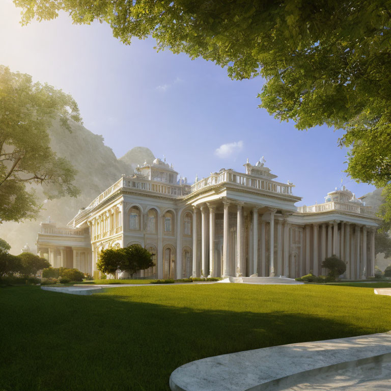 Neoclassical Building in Sunlight with Mountains & Greenery