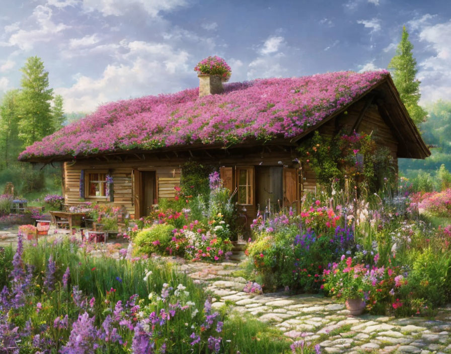 Charming wooden cottage with flower-covered roof in garden setting