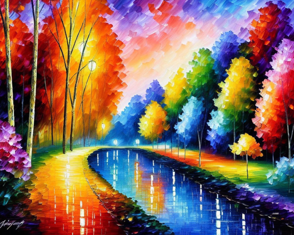 Colorful Impressionistic Painting of Tree-Lined Path by Reflective Water