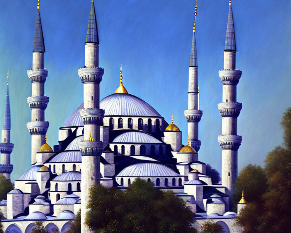 Mosque with Multiple Minarets and Domes against Blue Sky