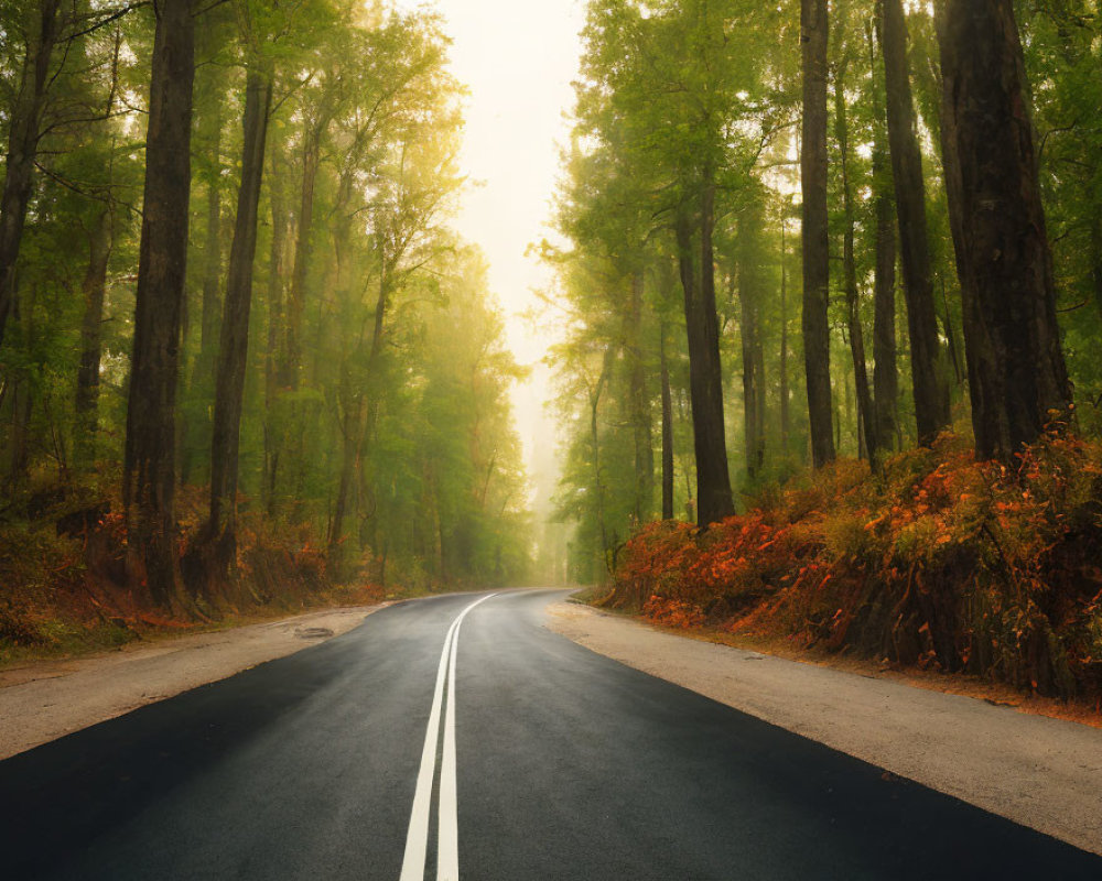 Tranquil Forest Road with Towering Trees and Sunlight