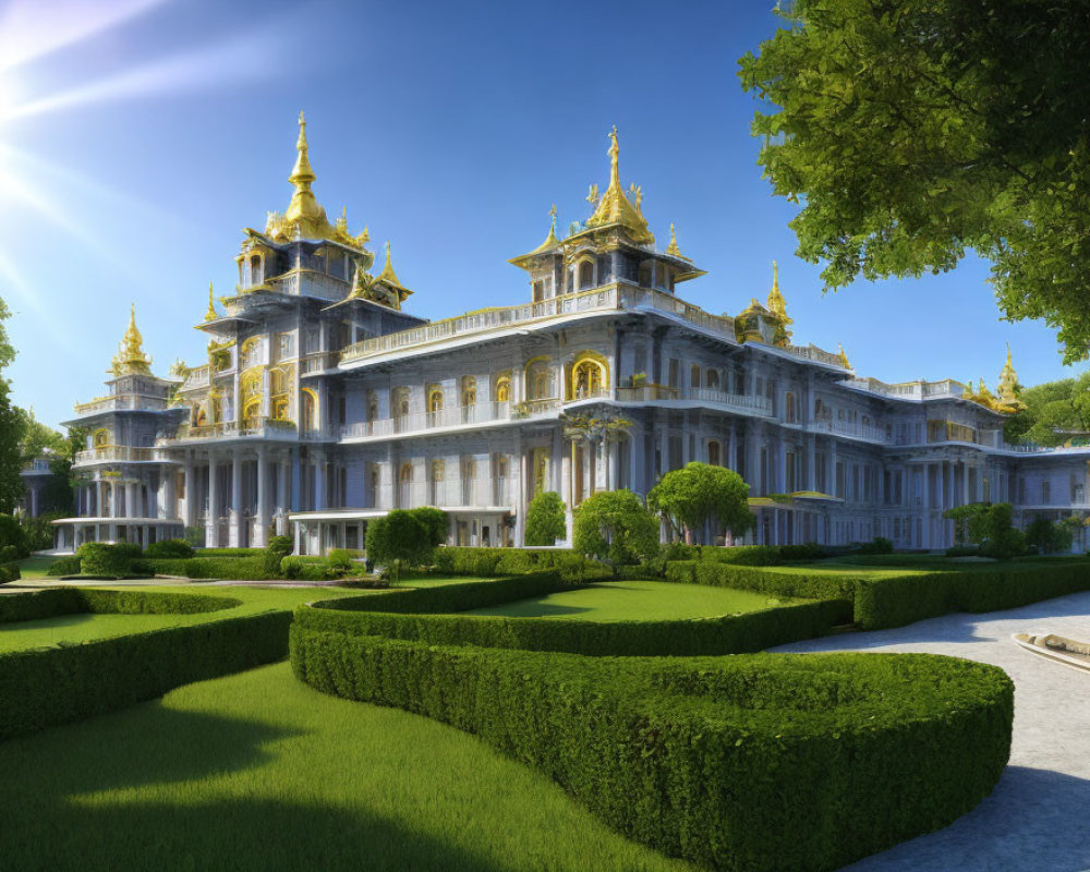 Ornate palace with golden spires in manicured gardens