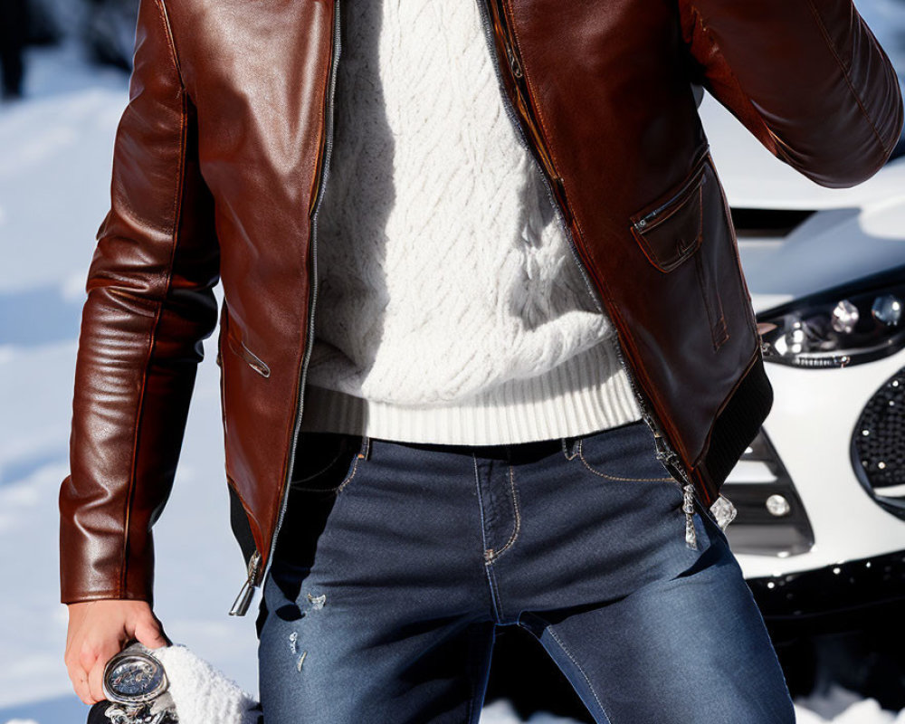 Person in Brown Leather Jacket with Helmet by Vehicle in Snowy Scene