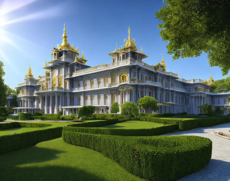 Ornate palace with golden spires in manicured gardens