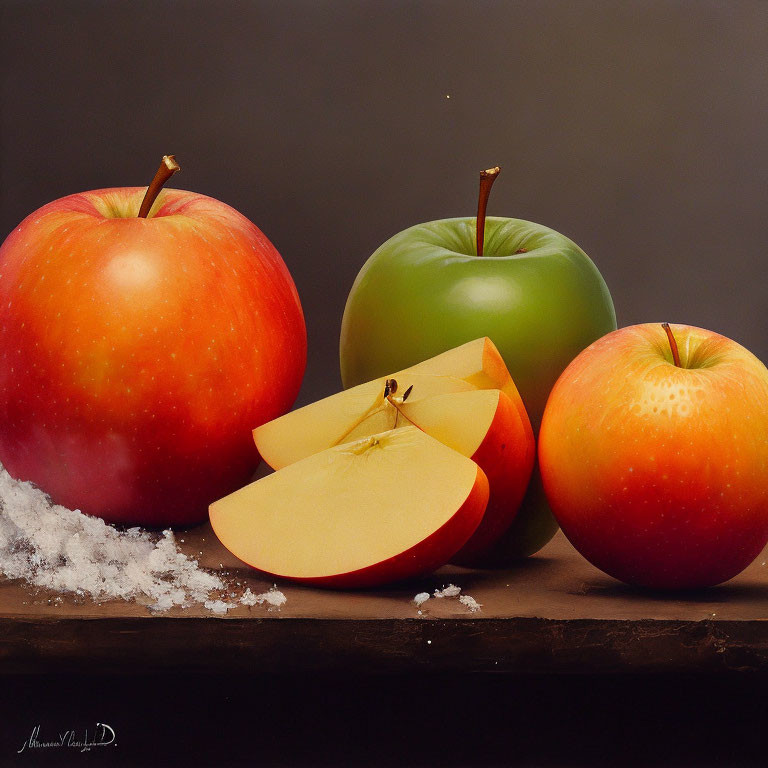 Fresh apples: one green, two red, one sliced, on dark surface with white powder.