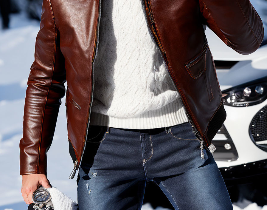 Person in Brown Leather Jacket with Helmet by Vehicle in Snowy Scene