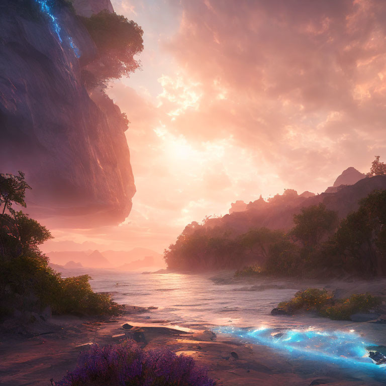 Scenic sunset landscape with glowing river, purple flora, and majestic mountains