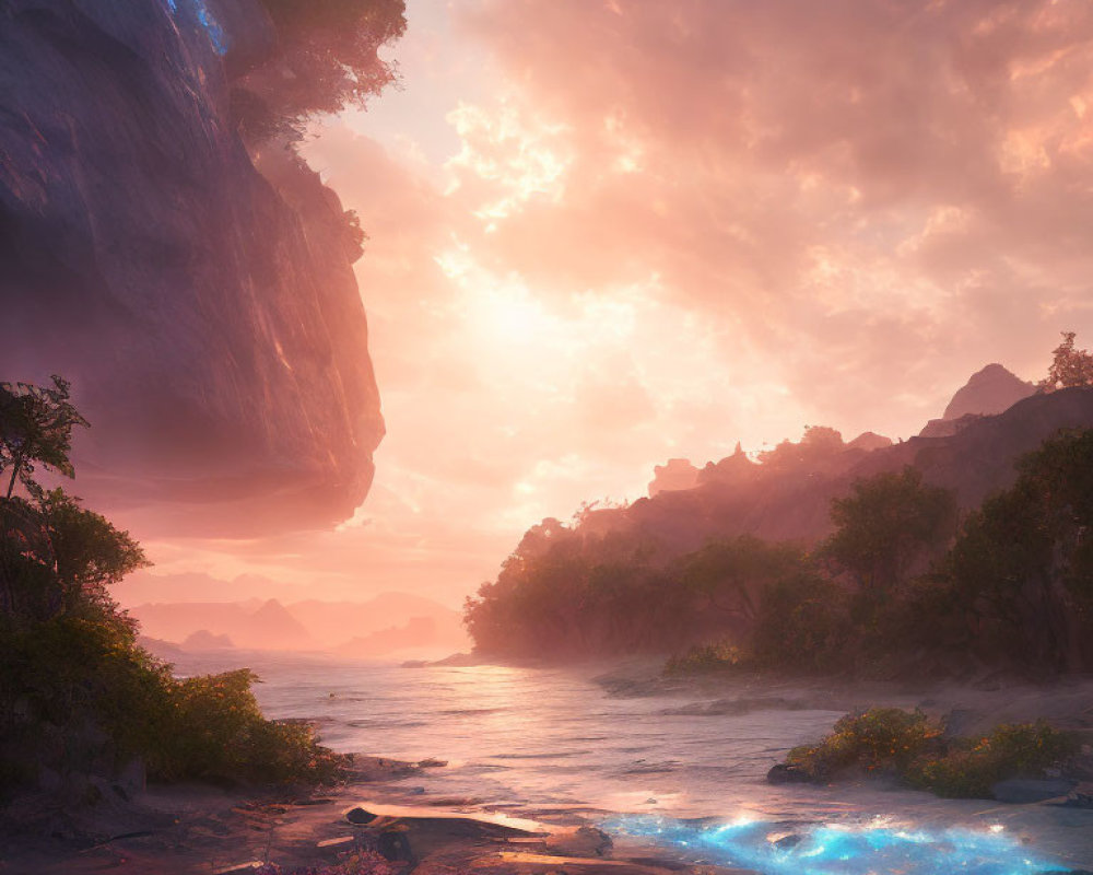 Scenic sunset landscape with glowing river, purple flora, and majestic mountains