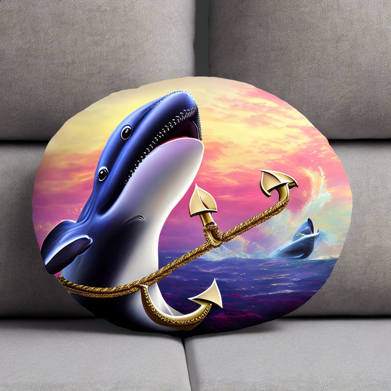 Circular Stylized Whale Artwork with Gold Chain and Anchors on Grey Couch Cushion