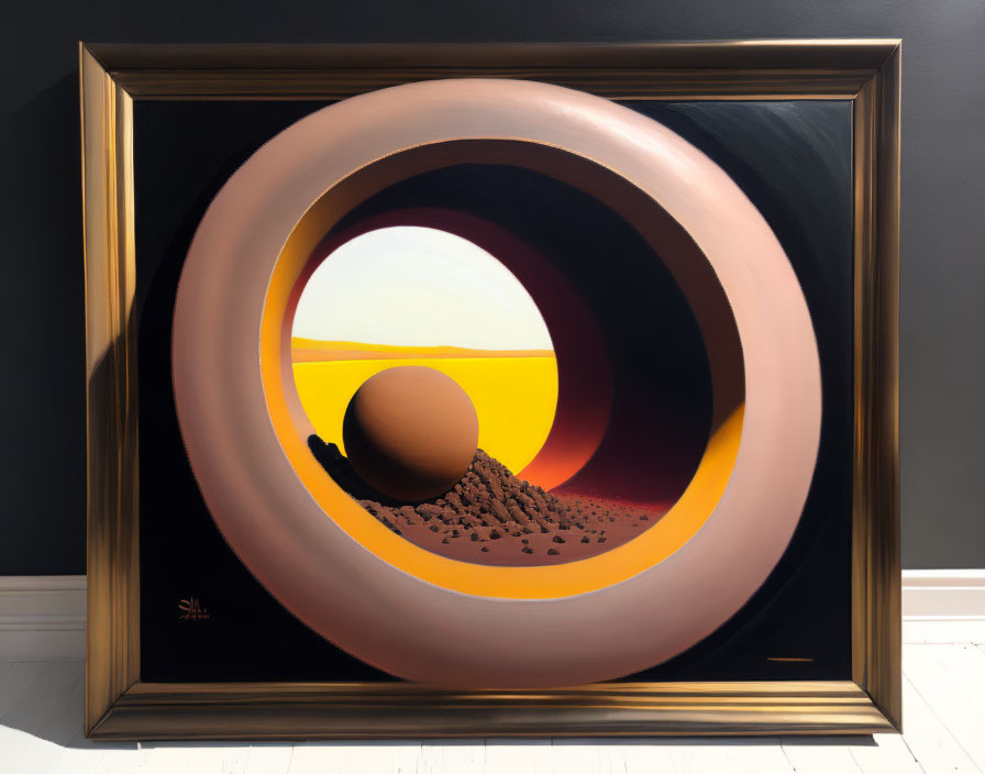 Surreal framed painting of geometric shapes in desert landscape