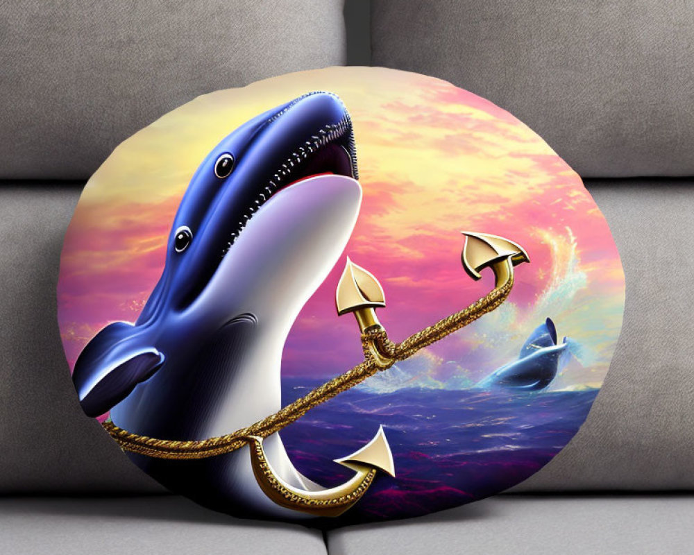 Circular Stylized Whale Artwork with Gold Chain and Anchors on Grey Couch Cushion