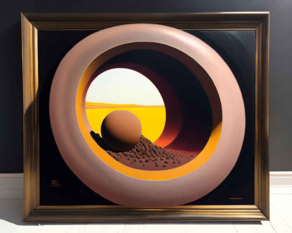 Surreal framed painting of geometric shapes in desert landscape