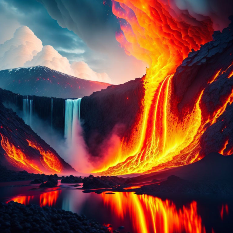 Volcanic eruption meets waterfall under dramatic sky