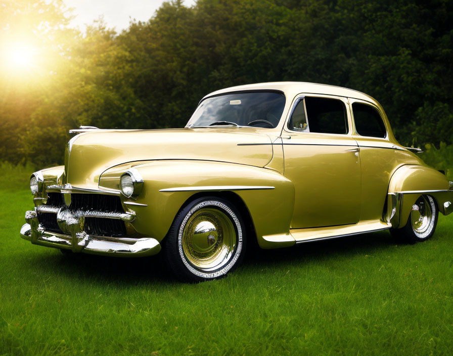 Vintage Yellow Car Parked on Grass with Sun Background