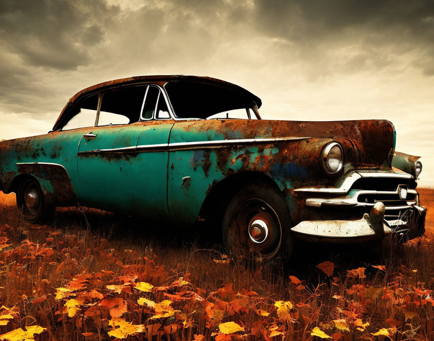 Rusty blue car abandoned in field of orange flowers