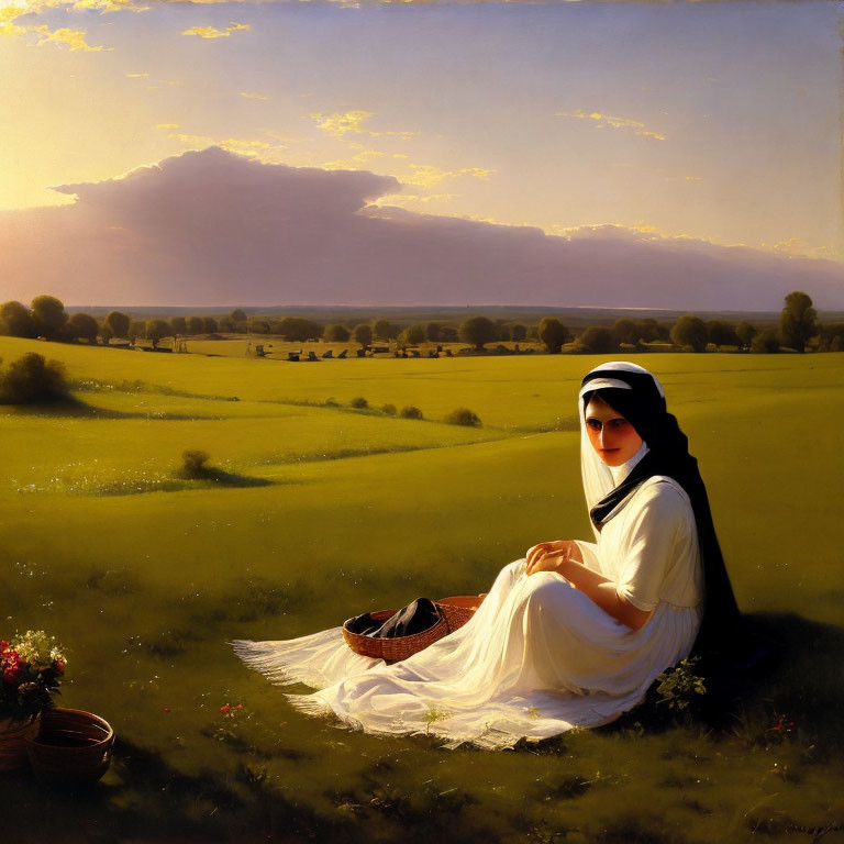 Woman in white with black shawl sitting in verdant field with basket under cloudy sky