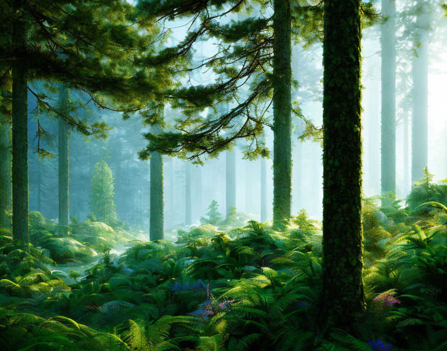 Lush evergreen forest with sunlight filtering through misty foliage