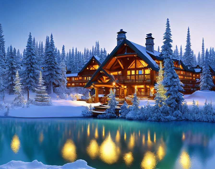 Snow-covered pine trees and illuminated lodge by serene lake at twilight