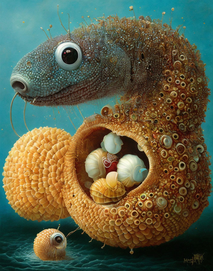 Detailed surreal fish art with textured patterns and coral spheres.