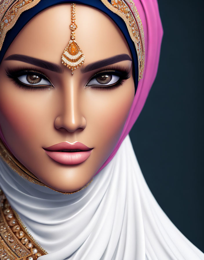 Close-up of woman with striking makeup, gold headpiece, colorful hijab on grey background