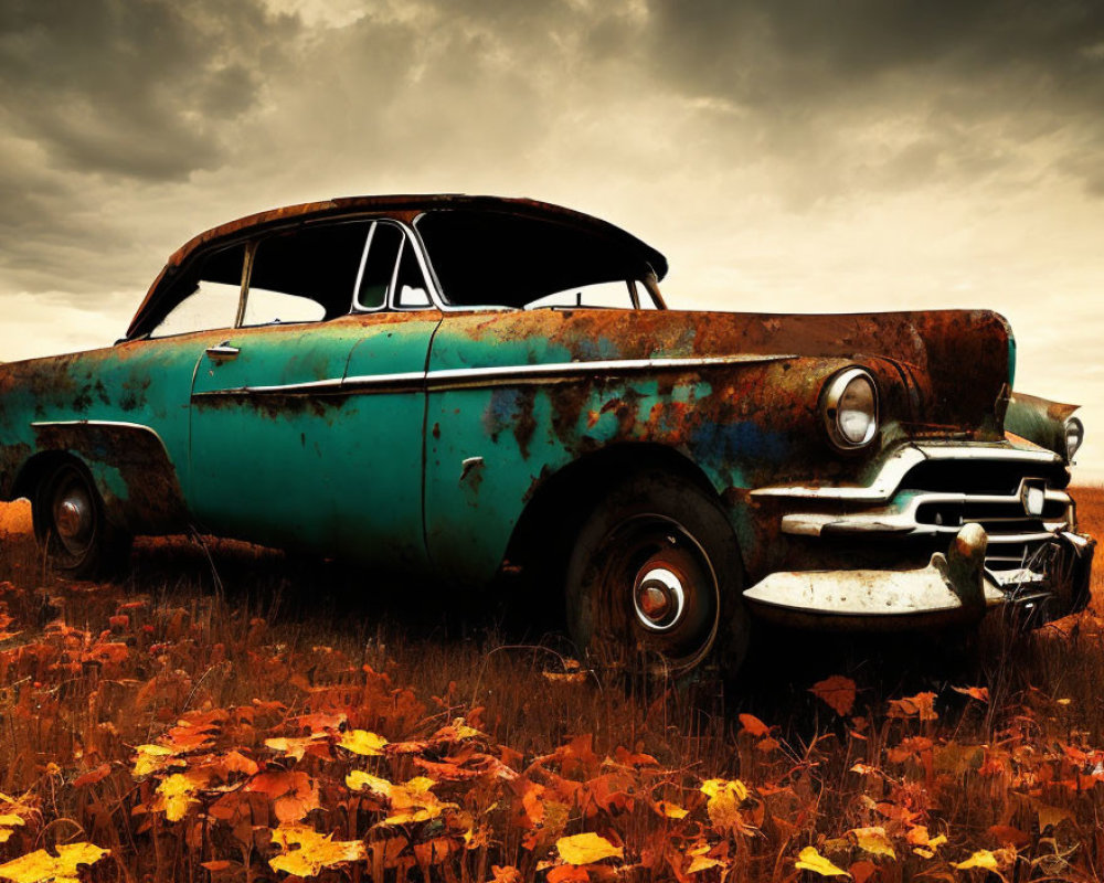 Rusty blue car abandoned in field of orange flowers