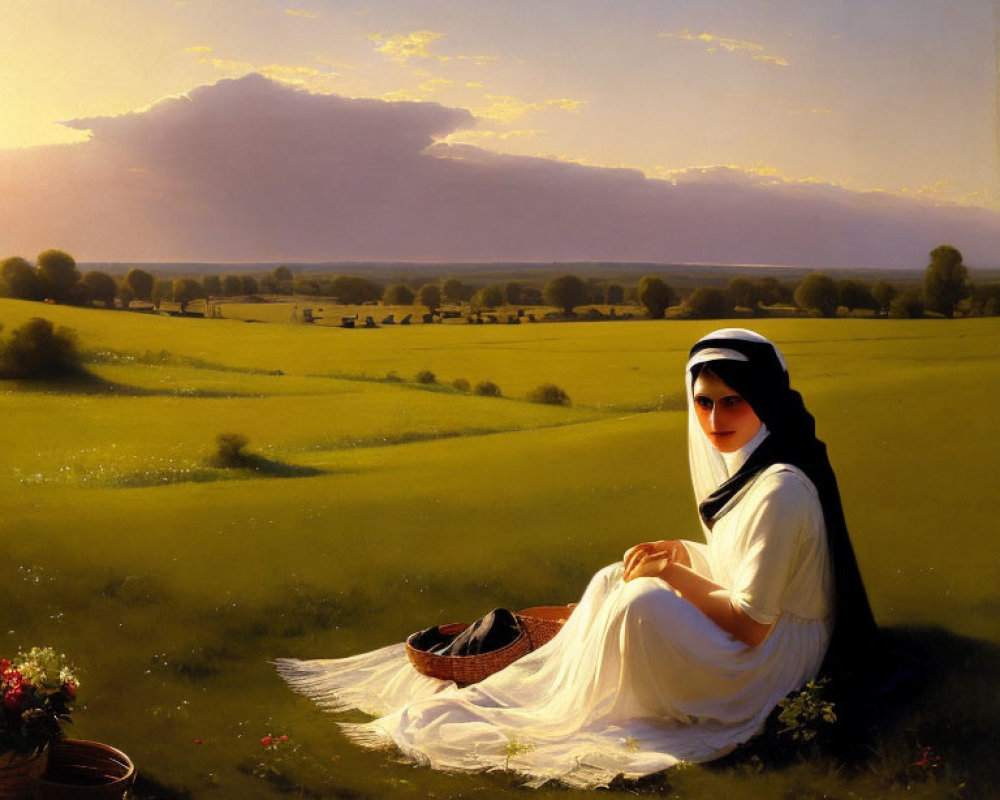 Woman in white with black shawl sitting in verdant field with basket under cloudy sky