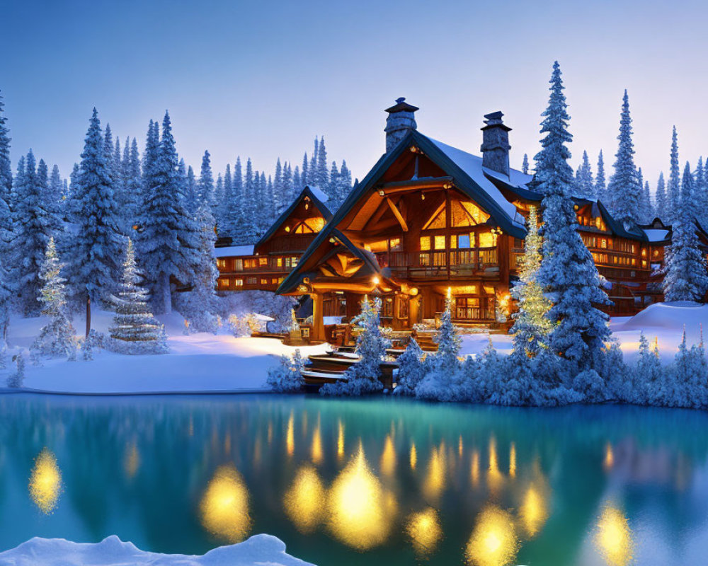 Snow-covered pine trees and illuminated lodge by serene lake at twilight