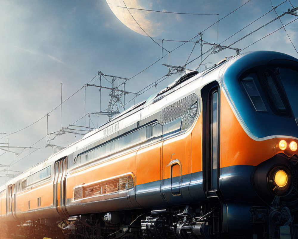 Modern train on tracks under dramatic sky with sunrise or sunset glow and large moon