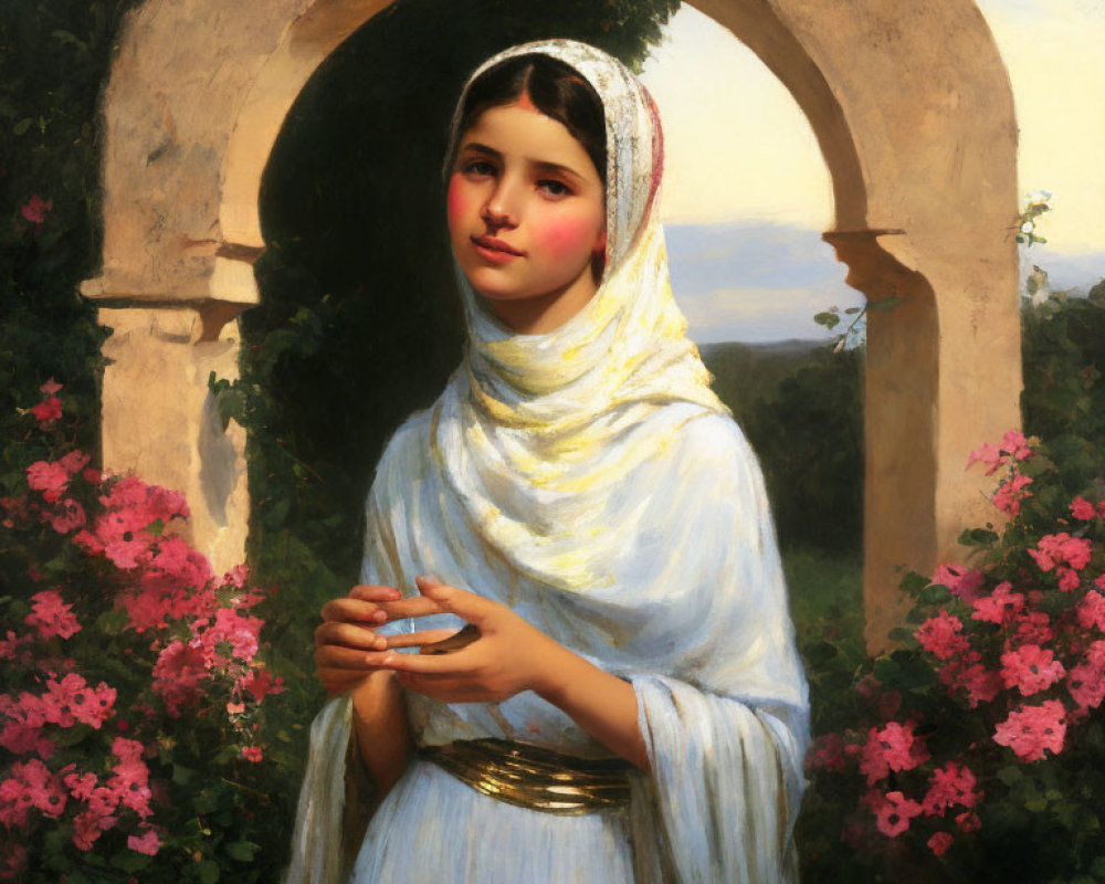 Traditional Attire Young Woman Standing by Archway with Pink Flowers