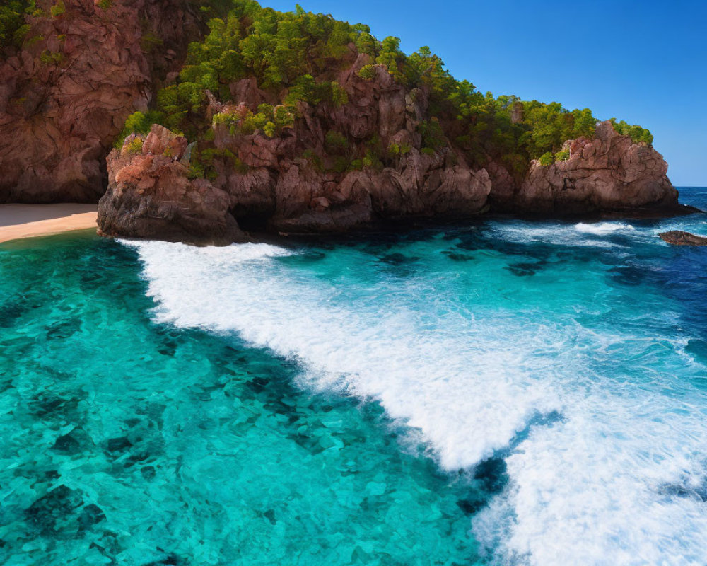 Scenic Tropical Beach with Turquoise Waters & Rocky Cliff