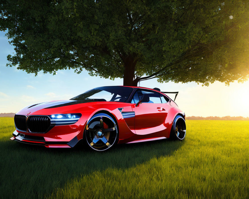 Red Sports Car with Black Accents and Large Rims Parked on Grass at Sunset