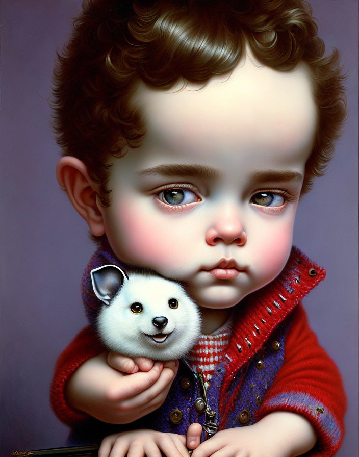 Child with expressive eyes holding white puppy in serene scene