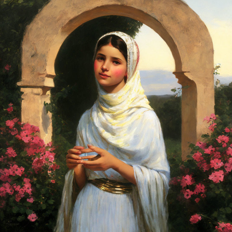 Traditional Attire Young Woman Standing by Archway with Pink Flowers