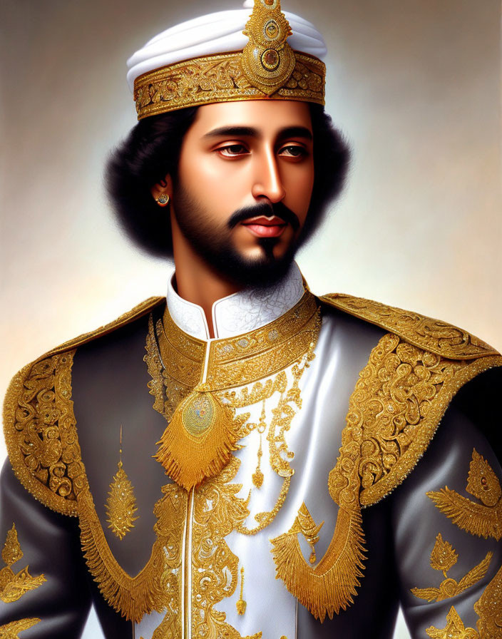 Man in ornate traditional attire with gold embellishments and white turban.