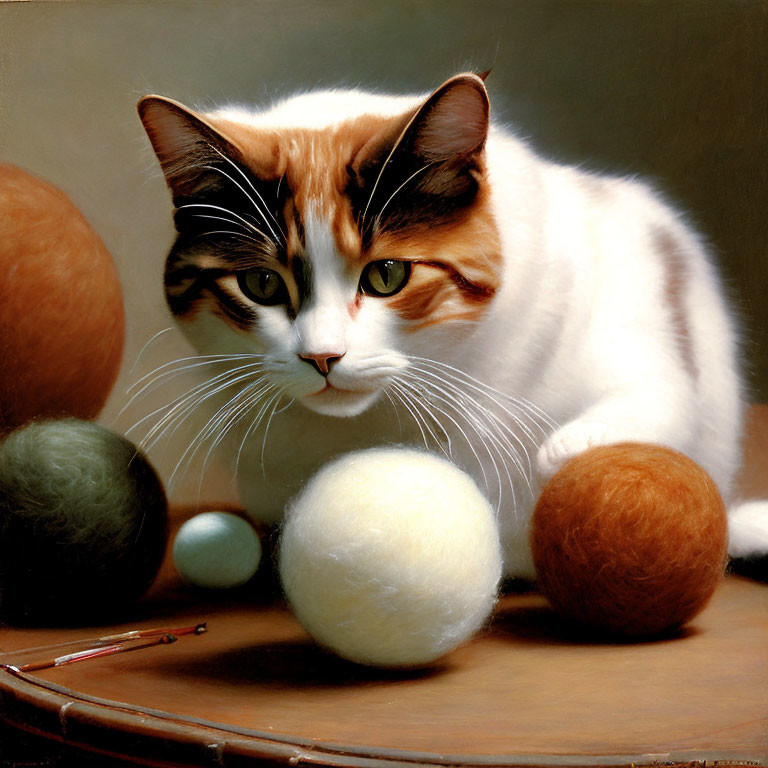 Realistic painting of white and ginger cat with yarn and knitting needles