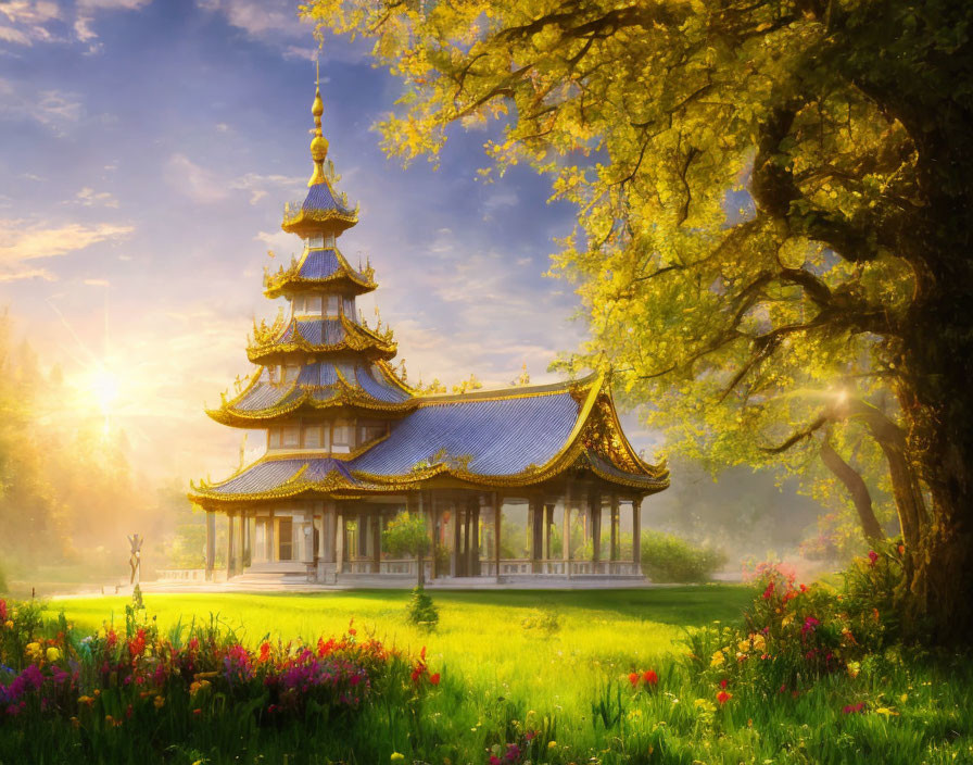 Traditional Asian Pagoda in Lush Garden with Vibrant Flowers