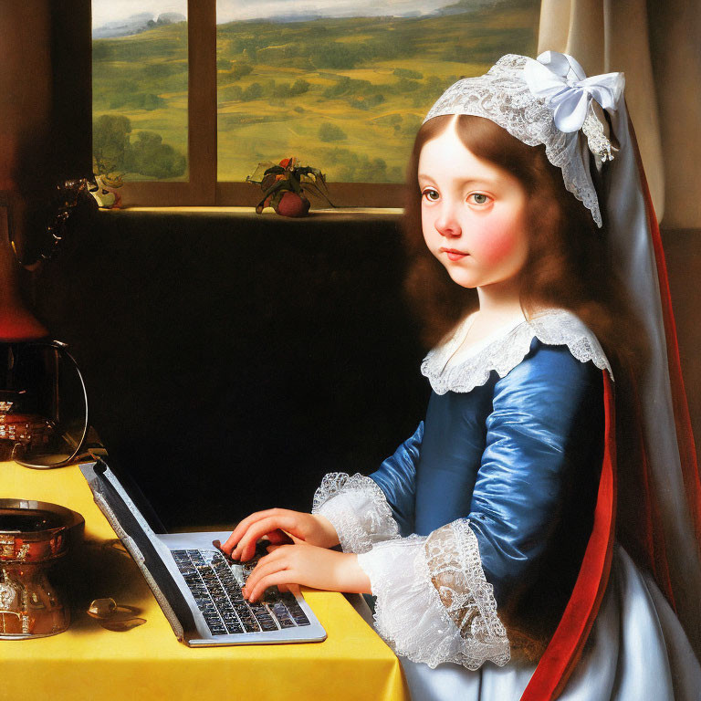 Young girl in period clothing with white bonnet typing on modern laptop against landscape backdrop